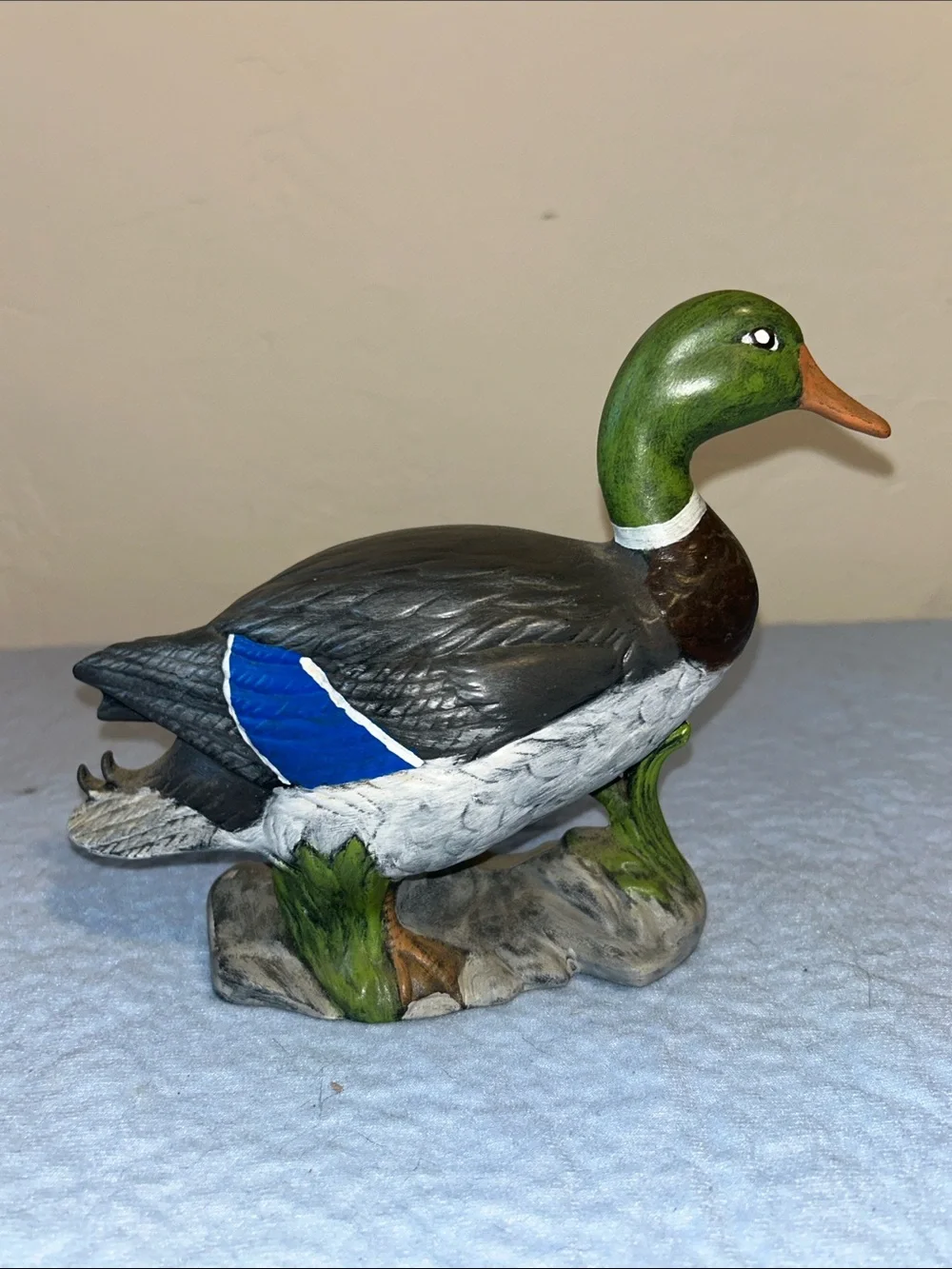 Ceramic Hand Painted Mallard Duck Standing on Rocks